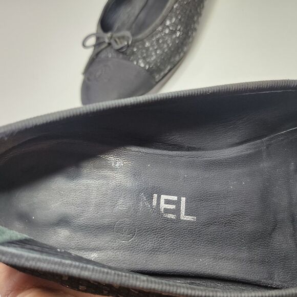 Chanel Glitter Tweed Ballet Flats Black Grosgrain Cap Toe Bow 37 Made in Italy - Picture 15 of 16